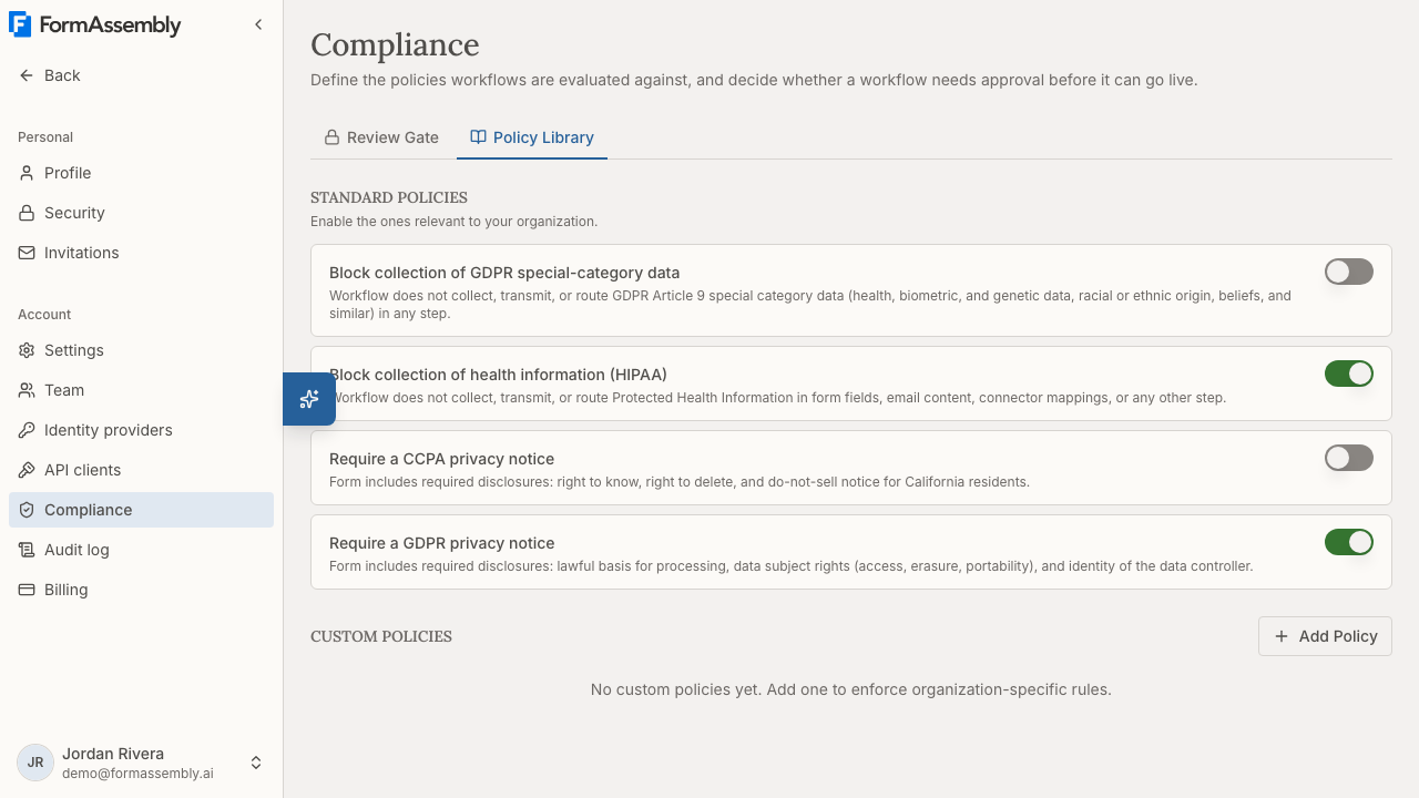 Compliance Policy Library view