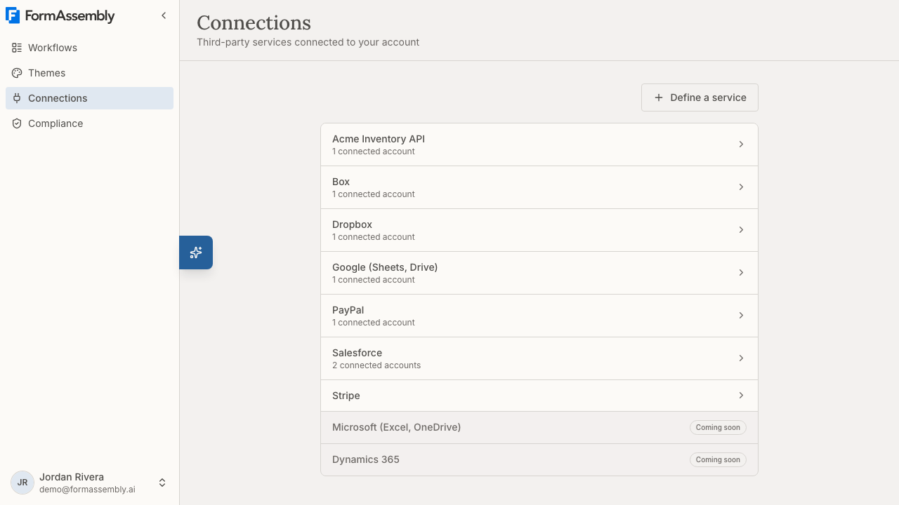 The Connections page showing available services