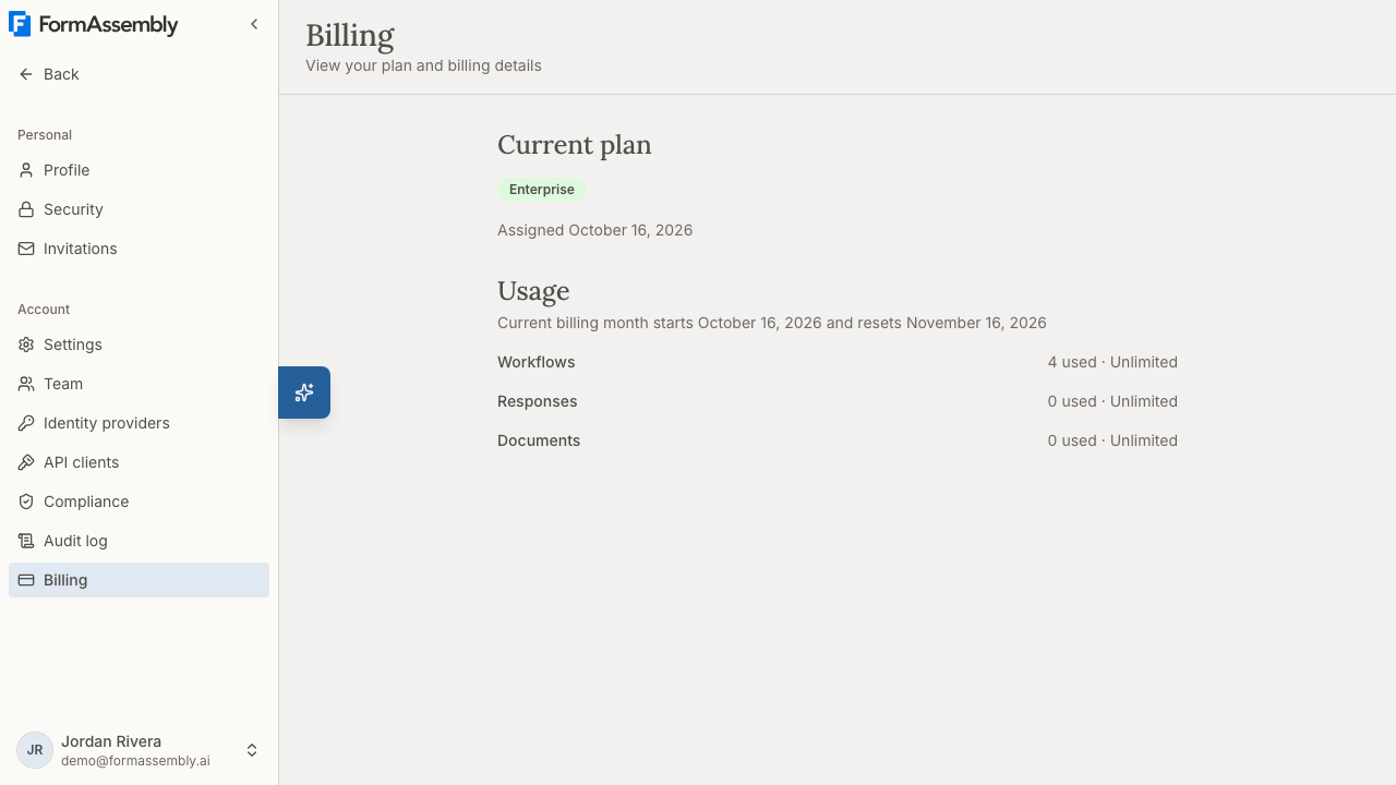 The FormAssembly Billing page, showing the Current plan and Usage sections